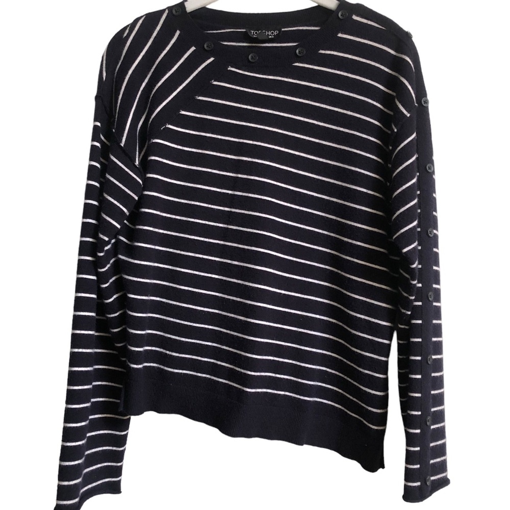 TOPSHOP Women’s Navy And White Striped Long Sleeve Sweater Button Details Size 2